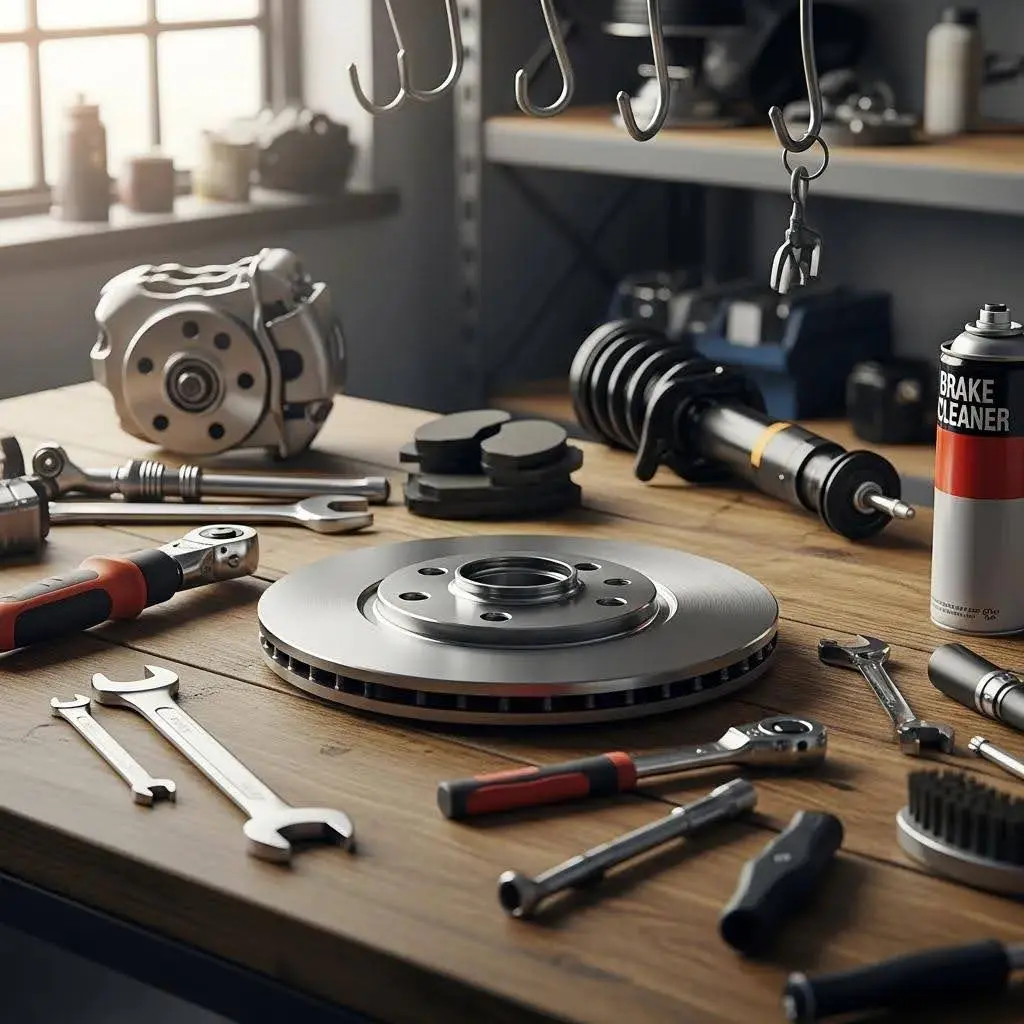 Brake disc with tools and brake components on a workshop table, illustrating vehicle maintenance and repair for brake systems.