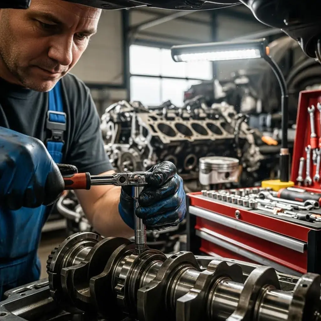 Mechanic using a wrench on a crankshaft in an automotive workshop, surrounded by tools and an engine block, illustrating crankshaft servicing and maintenance.