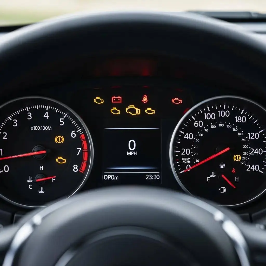 Dashboard displaying various engine warning lights including check engine, battery, and oil pressure indicators, relevant for understanding vehicle diagnostics and maintenance at All Vehicle Services in Sittingbourne.