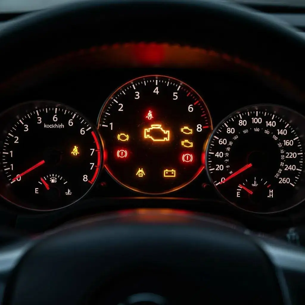 Dashboard warning lights indicating engine issues, including check engine light, alongside speedometer and fuel gauge, relevant to crankshaft problems and vehicle maintenance.