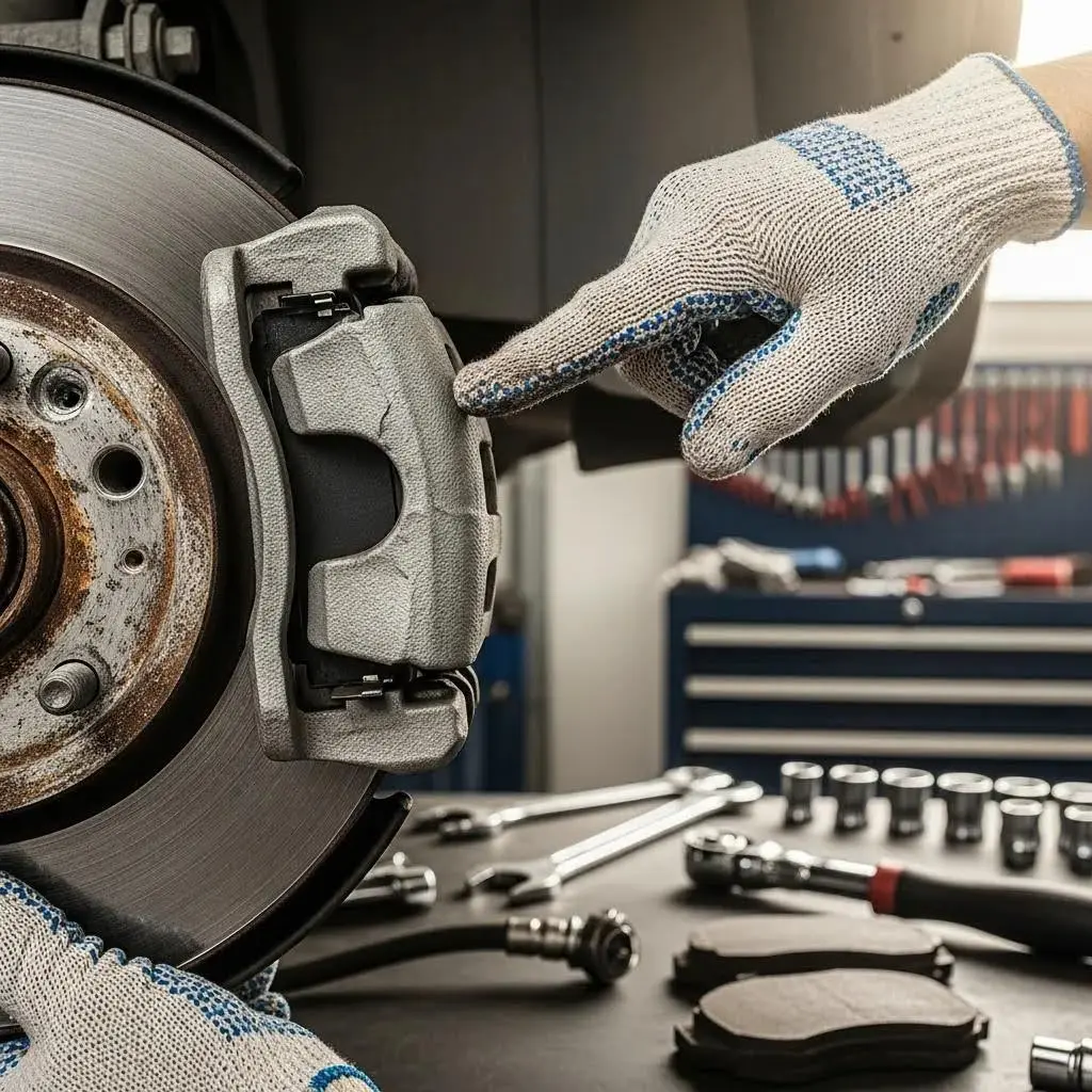 Mechanic pointing at brake caliper and disc during vehicle maintenance, with tools and brake pads visible on the workbench, illustrating brake disc inspection and replacement.