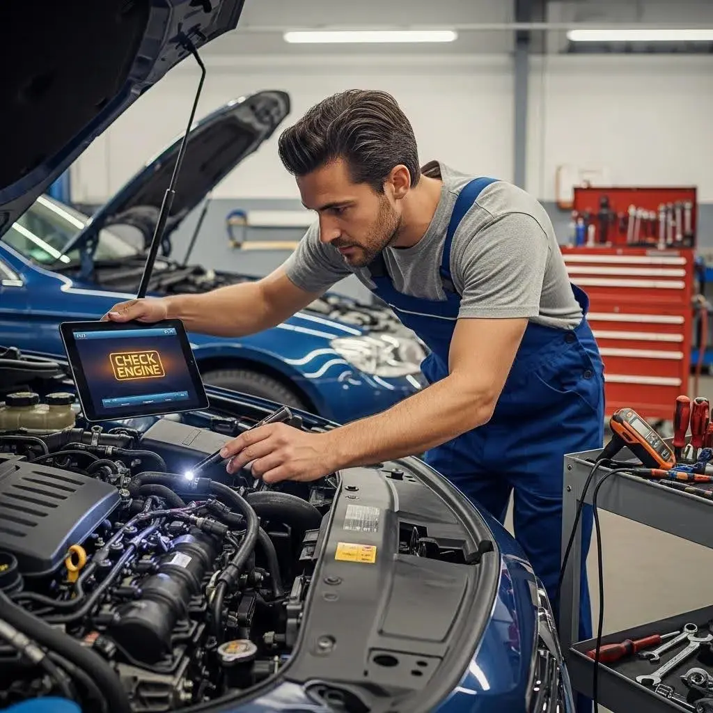 Mechanic diagnosing engine issues using a tablet displaying "CHECK ENGINE" message, highlighting vehicle diagnostics in a garage setting.