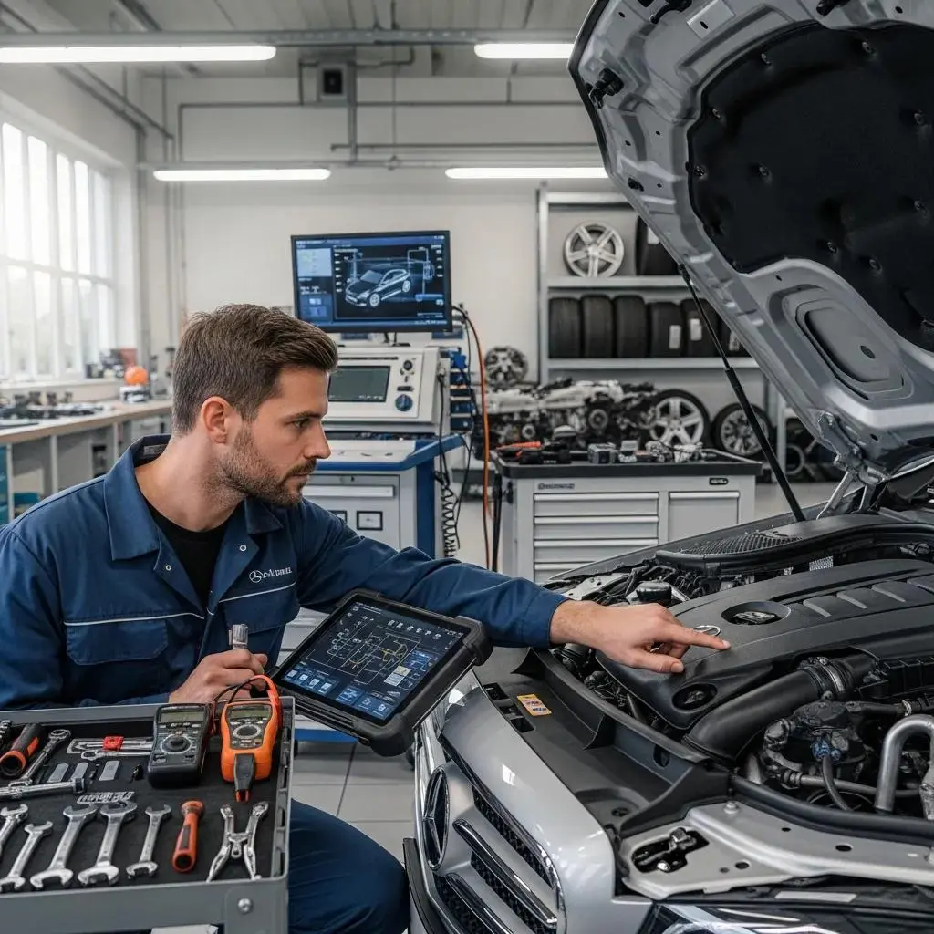 Mechanic diagnosing a Mercedes for overheating problems